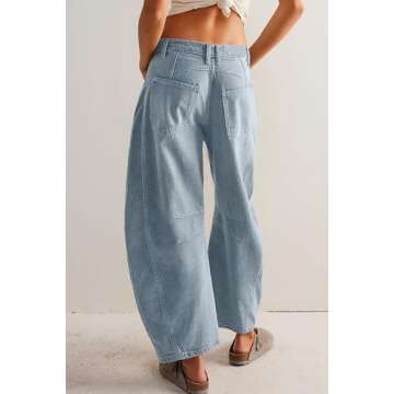 Barrel Jeans Women Wide Leg Low Rise Barrel Denim Pants Vintage Horseshoe Jeans with Pockets Light Blue