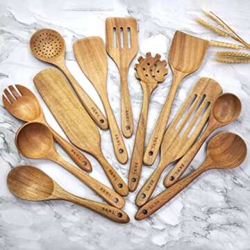 Wooden Spoons for Cooking, 12Pcs Wooden Utensils for Cooking Wooden Kitchen Utensils Set Wooden Cooking Utensils Wooden Spatulas…