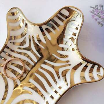 NUYKOUY Zebra Stripe Jewelry Tray Ceramic Dishes Plate Gilded 5.9", Gold