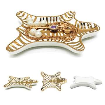 NUYKOUY Zebra Stripe Jewelry Tray Ceramic Dishes Plate Gilded 5.9", Gold