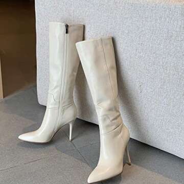 Stylish COLETER Women's White Leather Knee High Boots
