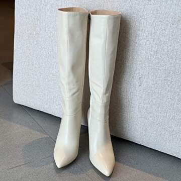 Stylish COLETER Women's White Leather Knee High Boots
