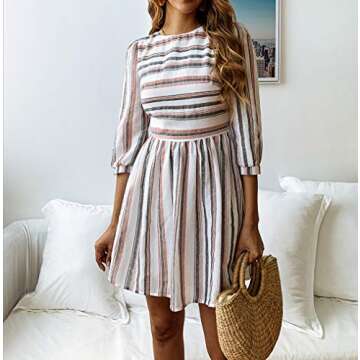 BTFBM Women Summer Dresses Casual Striped Half Sleeve A Line Short Dress (Black & Red Striped, Large)