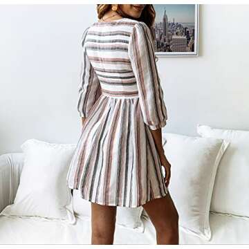 BTFBM Women Summer Dresses Casual Striped Half Sleeve A Line Short Dress (Black & Red Striped, Large)