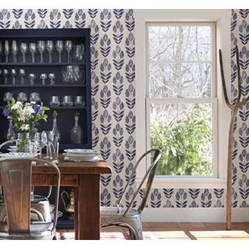 Beacon House 2535-20652 Scandinavian Block Print Tulip Wallpaper, Blue