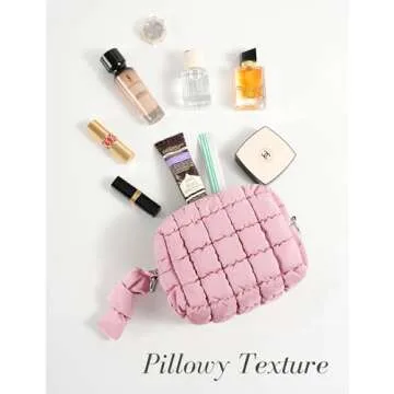 Yarnic Quilted Makeup Bag Cosmetic Bag, Travel Toiletry Bag for Women, Cute Makeup Bag Organizer Puffer Makeup Pouch (S, Pink)