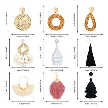 Hazms 9 Pairs Rattan Earrings for Women Lightweight Acrylic Geometric Statement Woven Earrings Handmade Straw Wicker Braid Hoop Drop Dangle Earrings