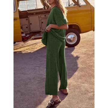 Tankaneo Women's 2 Piece Travel Outfits Casual Short Sleeve Knit Sweater Set Wide Leg Pants Lounge Sets Tracksuit