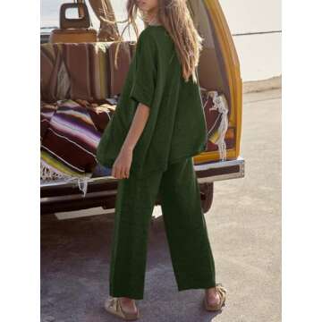 Tankaneo Women's 2 Piece Travel Outfits Casual Short Sleeve Knit Sweater Set Wide Leg Pants Lounge Sets Tracksuit