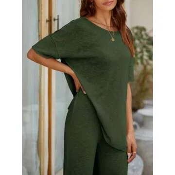 Tankaneo Women's 2 Piece Travel Outfits Casual Short Sleeve Knit Sweater Set Wide Leg Pants Lounge Sets Tracksuit