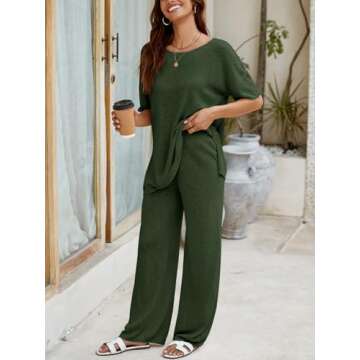 Tankaneo Women's 2 Piece Travel Outfits Casual Short Sleeve Knit Sweater Set Wide Leg Pants Lounge Sets Tracksuit