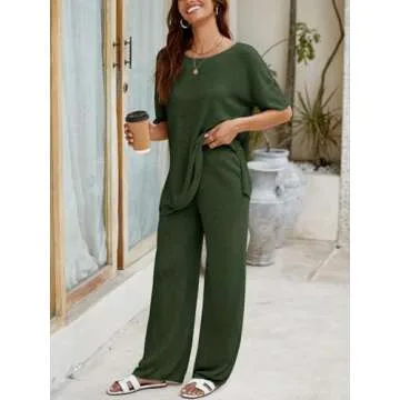 Tankaneo Women's 2 Piece Travel Outfits Casual Short Sleeve Knit Sweater Set Wide Leg Pants Lounge Sets Tracksuit