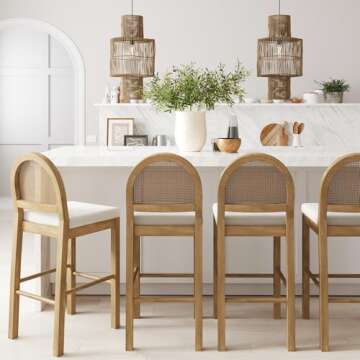 Nathan James Bailey 29 in. Boucle Bar Stool with Back, Bar Height Chair with Natural Woven Rattan Back and Solid Wood Legs, Light Brown, Set of 4