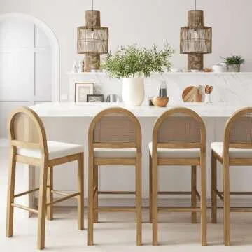 Nathan James Bailey 29 in. Boucle Bar Stool with Back, Bar Height Chair with Natural Woven Rattan Back and Solid Wood Legs, Light Brown, Set of 4