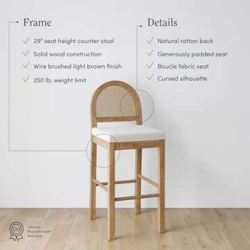 Nathan James Bailey 29 in. Boucle Bar Stool with Back, Bar Height Chair with Natural Woven Rattan Back and Solid Wood Legs, Light Brown, Set of 4