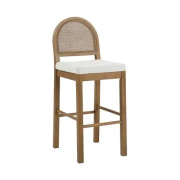 Nathan James Bailey 29 in. Boucle Bar Stool with Back, Bar Height Chair with Natural Woven Rattan Back and Solid Wood Legs, Light Brown, Set of 4
