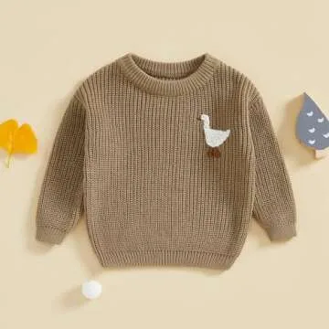 Infant Baby Boy Girl Knit Sweater Goose Embroidery Crew Neck Long Sleeve Pullover Knitted Shirt Fall Winter Clothes (Khaki, 6-9 Months)
