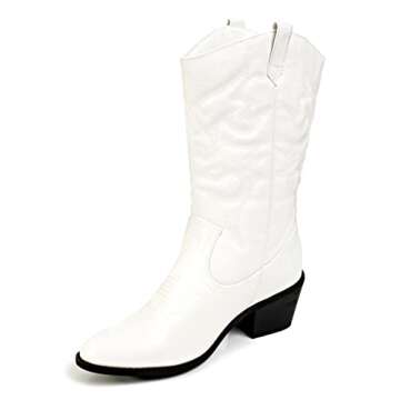 Charles Albert Womens Cowboy Boots for Women Embroidered Stacked Heel Mid-Calf Western Cowgirl Boots in White Size 9