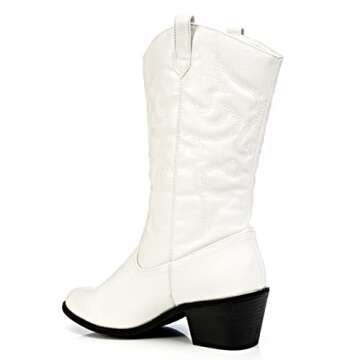 Charles Albert Womens Cowboy Boots for Women Embroidered Stacked Heel Mid-Calf Western Cowgirl Boots in White Size 9