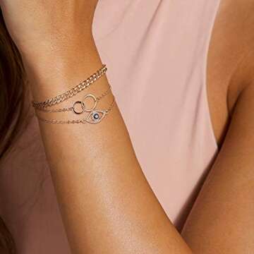 Layered Evil Eye Bracelets for Women, 14K Gold Filled Delicate CZ Evil Eye Bracelet layering Gold Cuban Chain bracelet Infinity Circle Dainty Evil Eye Bracelets for Women Jewelry