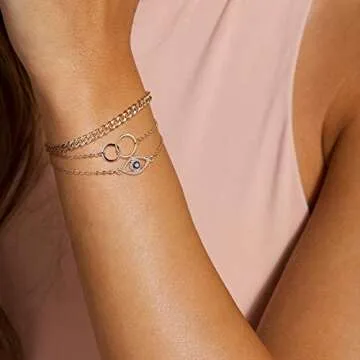 Layered Evil Eye Bracelets for Women, 14K Gold Filled Delicate CZ Evil Eye Bracelet layering Gold Cuban Chain bracelet Infinity Circle Dainty Evil Eye Bracelets for Women Jewelry