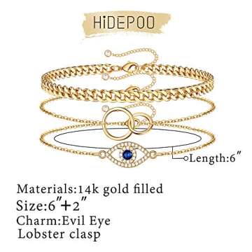 Layered Evil Eye Bracelets for Women, 14K Gold Filled Delicate CZ Evil Eye Bracelet layering Gold Cuban Chain bracelet Infinity Circle Dainty Evil Eye Bracelets for Women Jewelry