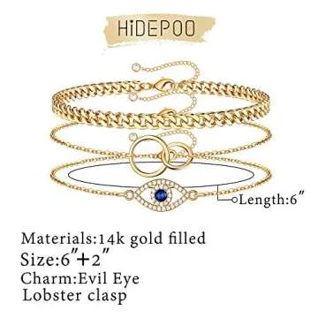 Layered Evil Eye Bracelets for Women, 14K Gold Filled Delicate CZ Evil Eye Bracelet layering Gold Cuban Chain bracelet Infinity Circle Dainty Evil Eye Bracelets for Women Jewelry
