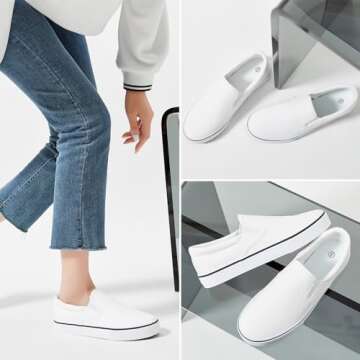 Women's Canvas Slip On Sneakers Fashion Flats Shoes White Canvas Shoes(White.US7)