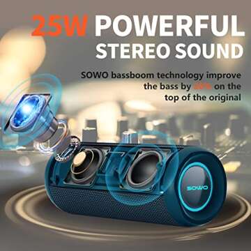 SOWO Portable Bluetooth Speaker, IPX7 Waterproof Wireless Bluetooth Speaker, Bassboom Technology, 25...