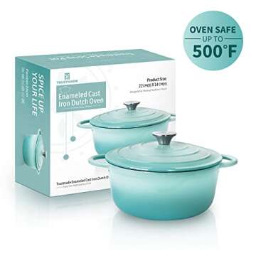 Trustmade 3 QT Cast Iron Dutch Oven, Enamel Coated Cookware Pot with Self Basting Lid for Home Baking, Braiser, Cooking, Aqua