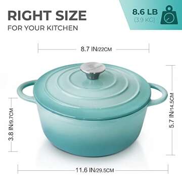 Trustmade 3 QT Cast Iron Dutch Oven, Enamel Coated Cookware Pot with Self Basting Lid for Home Baking, Braiser, Cooking, Aqua