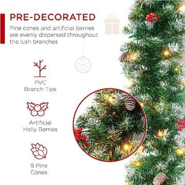 Best Choice Products 9ft Pre-Lit Holiday Pre-Decorated Christmas Garland for Stairs, Fireplace, Decoration w/PVC Tips, 50 Lights, Pine Cones, Berries - Semi-Flocked
