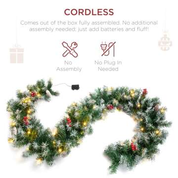 Best Choice Products 9ft Pre-Lit Holiday Pre-Decorated Christmas Garland for Stairs, Fireplace, Decoration w/PVC Tips, 50 Lights, Pine Cones, Berries - Semi-Flocked
