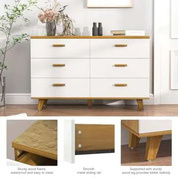 CIPACHO White Dresser for Bedroom,48'' Modern 6 Drawer Dresser with Deep Drawer,Wide Wood Dresser & Chest of Drawer with Solid Handle & Leg,2 Mixed Colors Design