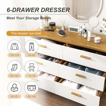 CIPACHO White Dresser for Bedroom,48'' Modern 6 Drawer Dresser with Deep Drawer,Wide Wood Dresser & Chest of Drawer with Solid Handle & Leg,2 Mixed Colors Design