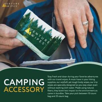 Venture Wipes Tea Tree Oil Body Wipes - Adventure Wipes for Adults - Biodegradable Cleansing Wipes with Aloe and Vitamin E - Camping Essentials - Individually Wrapped Body Wipes - 10 Count Bag