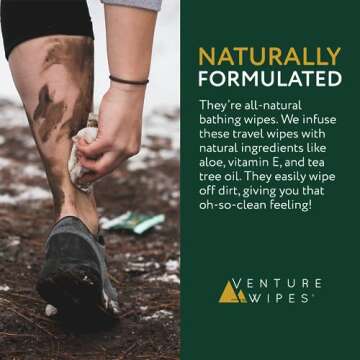 Venture Wipes Tea Tree Oil Body Wipes - Adventure Wipes for Adults - Biodegradable Cleansing Wipes with Aloe and Vitamin E - Camping Essentials - Individually Wrapped Body Wipes - 10 Count Bag