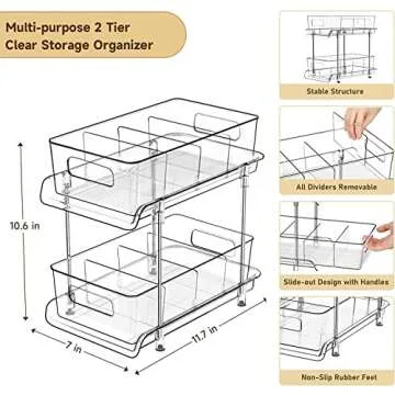HIHEGD 2 Tier Bathroom Storage Organizer with Dividers, Clear Under Sink Organizers and Storage Pull Out Cabinet Organizer for Bathroom Kitchen Pantry Storage, Medicine Cabinet Organizer