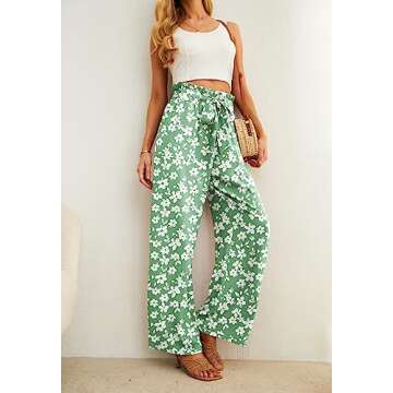 IWOLLENCE High Waisted Pants for Women Adjustable Knot Loose Casual Trousers Business Work Casual Pants Green White Flower Small