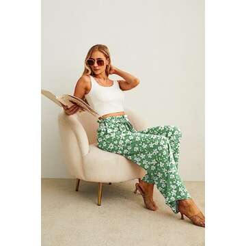 IWOLLENCE High Waisted Pants for Women Adjustable Knot Loose Casual Trousers Business Work Casual Pants Green White Flower Small