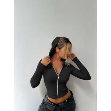 OQQ Womens Hoodies Long Sleeve Shirts Zip Up Fall Outfits Casual Tops Winter Clothes Black