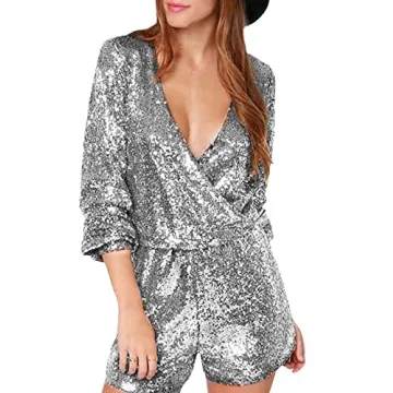 SEMATOMALA Women's Sequin Party Clubwear Romper Shiny Wrap V Neck Shorts Jumpsuit Deep V Neck Long S...