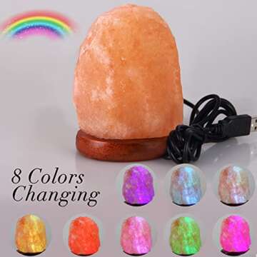 pursalt Himalayan Salt Lamp Night Light, 8 Colors Changing USB Salt Rock Lamp, Mini Small Salt Lamp with Natural Crystal Pink Salt Rock, LED Bulb and Hand Carved Taly Wood Base(1.8lbs & 5.5 inches)