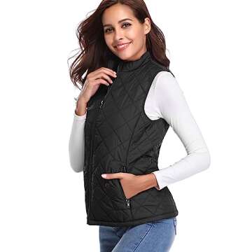 Fuinloth Women's Quilted Vest, Stand Collar Lightweight Zip Padded Gilet Black 2X