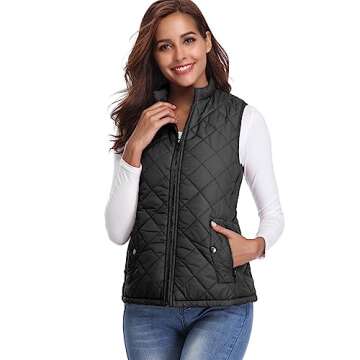 Fuinloth Women's Quilted Vest, Stand Collar Lightweight Zip Padded Gilet Black 2X