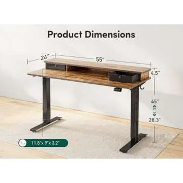 FEZIBO 55 x 24 Inch Height Adjustable Electric Standing Desk with Double Drawer, Stand Up Desk with Storage Shelf, Sit Stand Desk, Rustic Brown