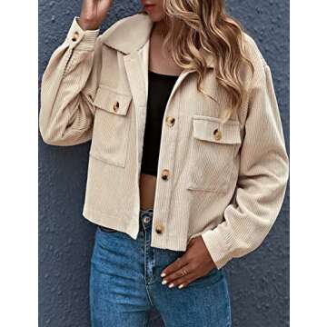 Athlisan Womens Cropped Corduroy Jacket Fall Long Sleeves Button Down Shirt Shacket(#2Apricot-XS)