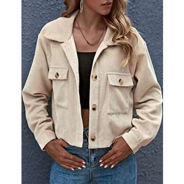 Athlisan Womens Cropped Corduroy Jacket Fall Long Sleeves Button Down Shirt Shacket(#2Apricot-XS)