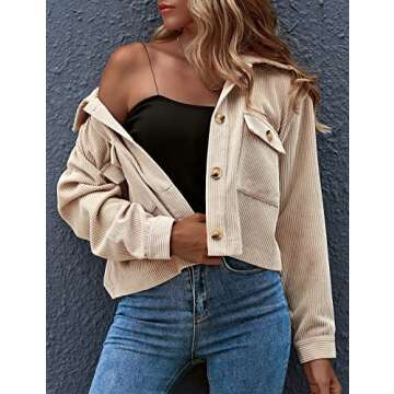 Athlisan Womens Cropped Corduroy Jacket Fall Long Sleeves Button Down Shirt Shacket(#2Apricot-XS)