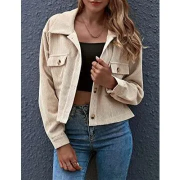 Athlisan Womens Cropped Corduroy Jacket Fall Long Sleeves Button Down Shirt Shacket(#2Apricot-XS)
